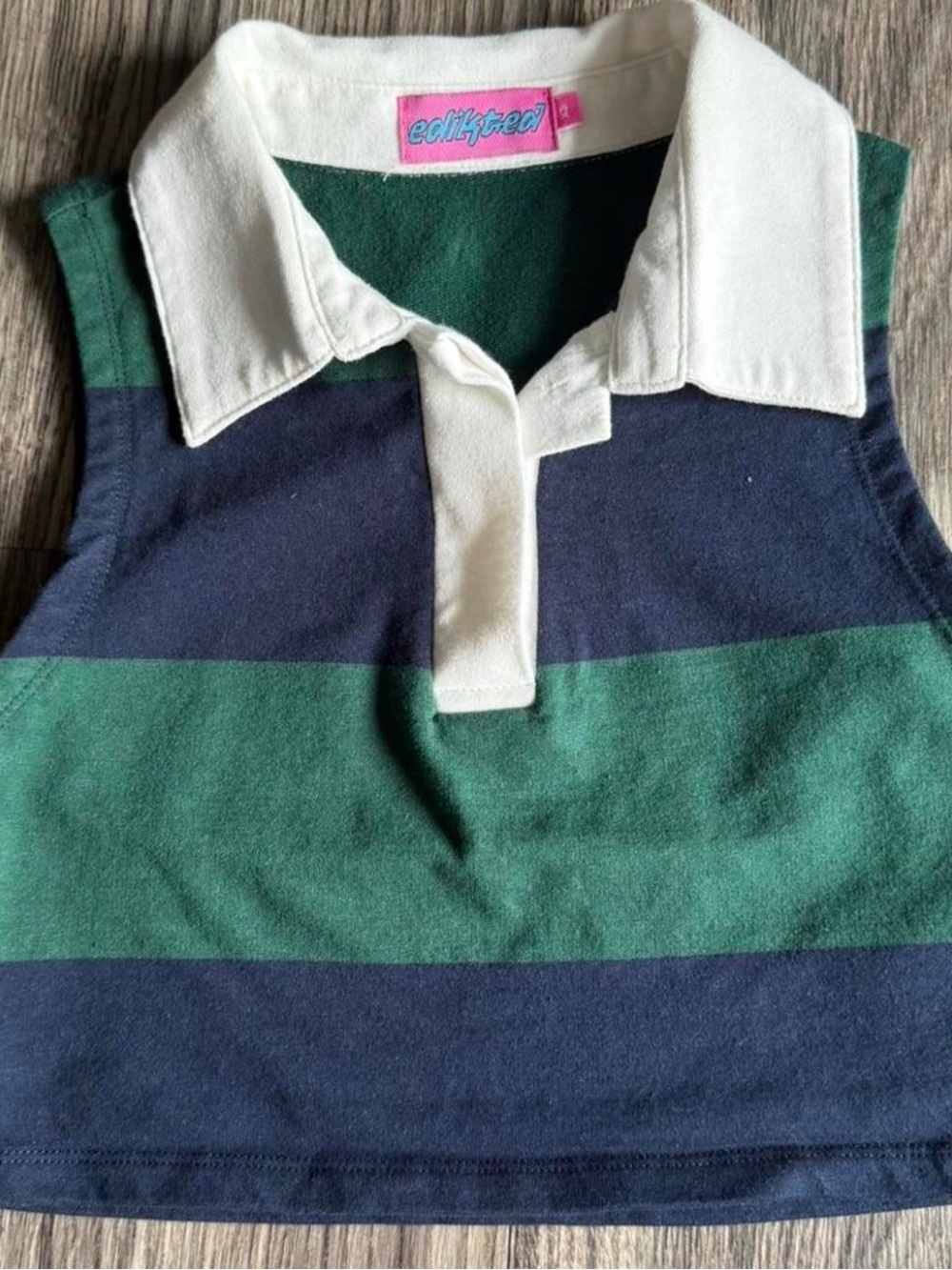 edikted cropped Sleeveless Rugby Shirt - Green & Navy Stripe